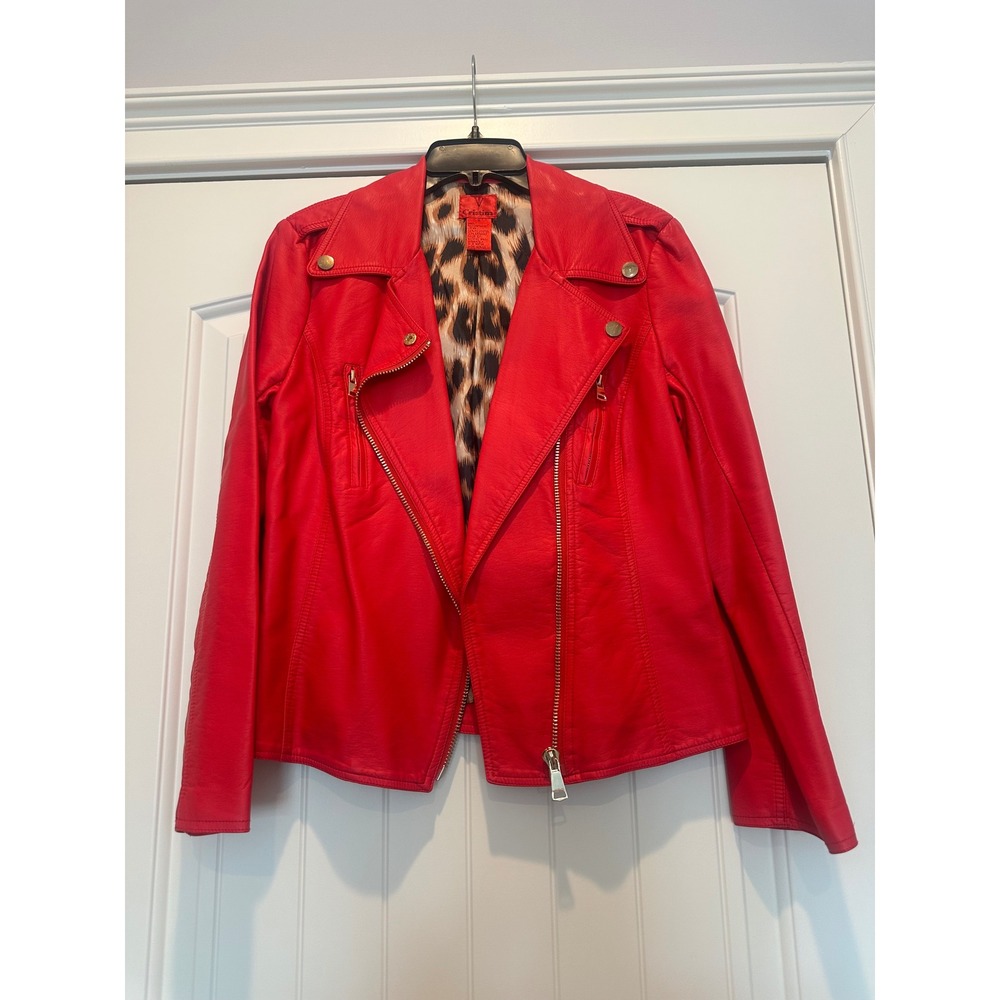 V Cristina Red Faux Leather Moto Jacket Leopard Print Lining Asymmetrical Zip M